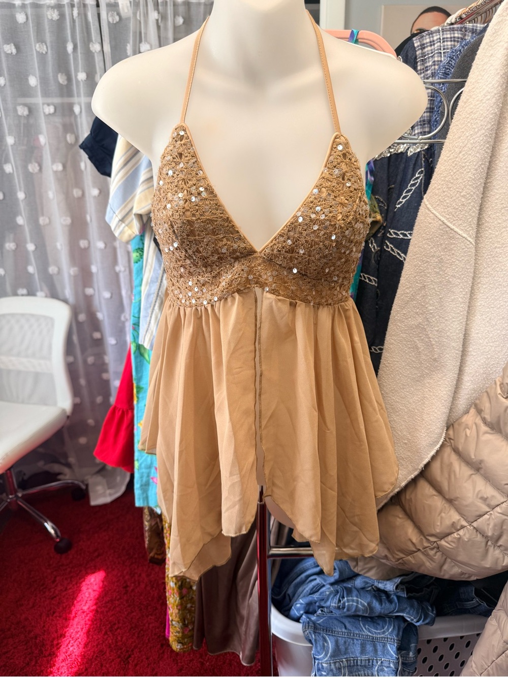 Beaded Halter Babydoll Top in Camel